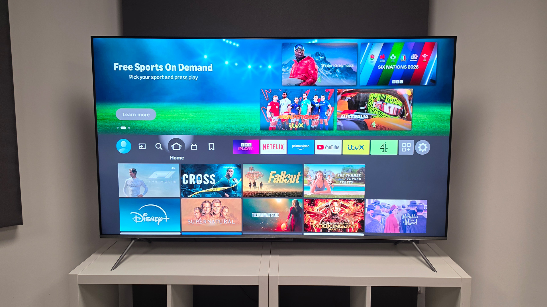 Amazon Fire TV Omni QLED (65-inch) QLED TV, on screen is Fire OS