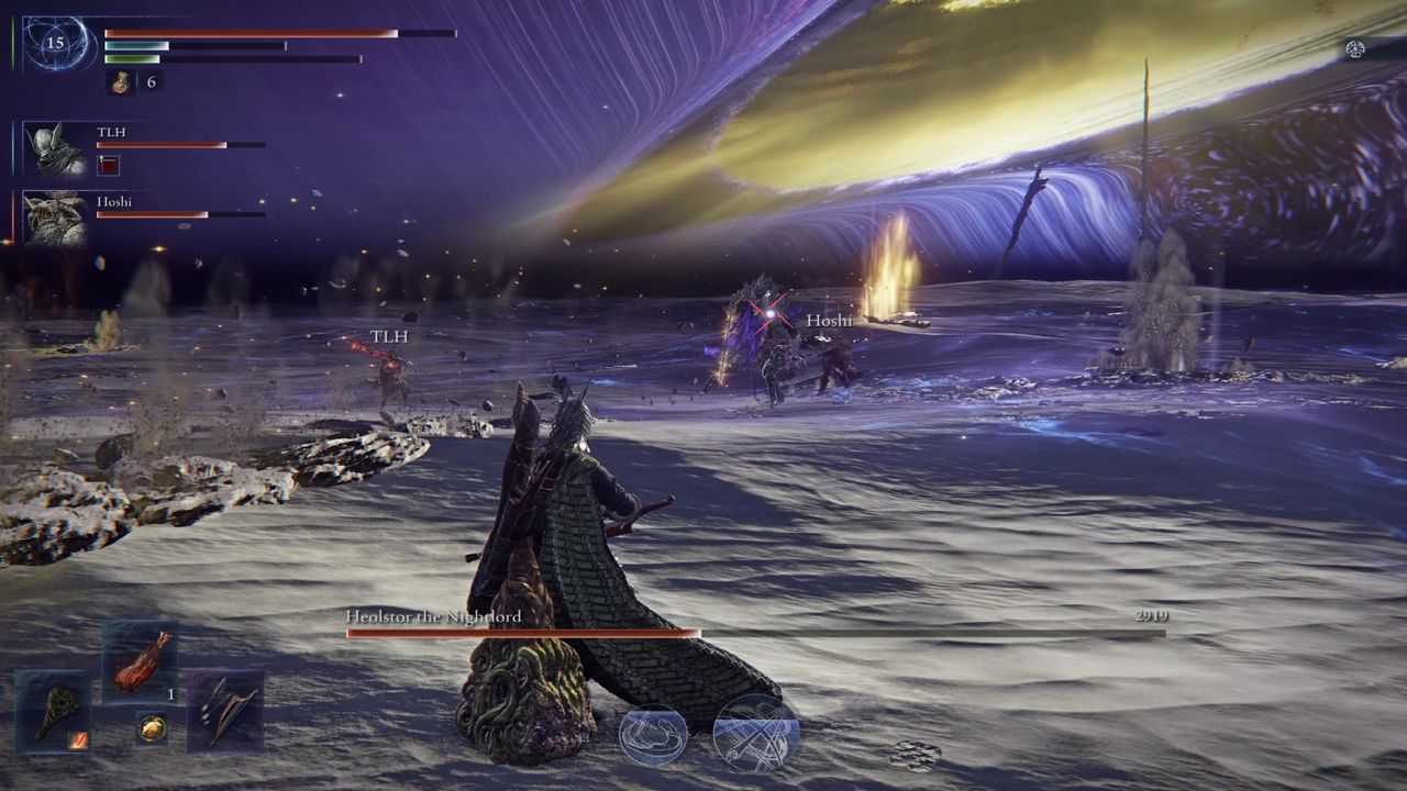 Elden Ring Nightreign Night Aspect boss guide: Heolstor creating fissures as it attacks nearby players after tearing open the sky in the background.