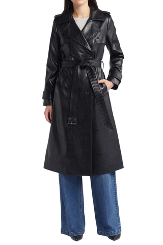 Belted Double Breasted Faux Leather Trench Coat