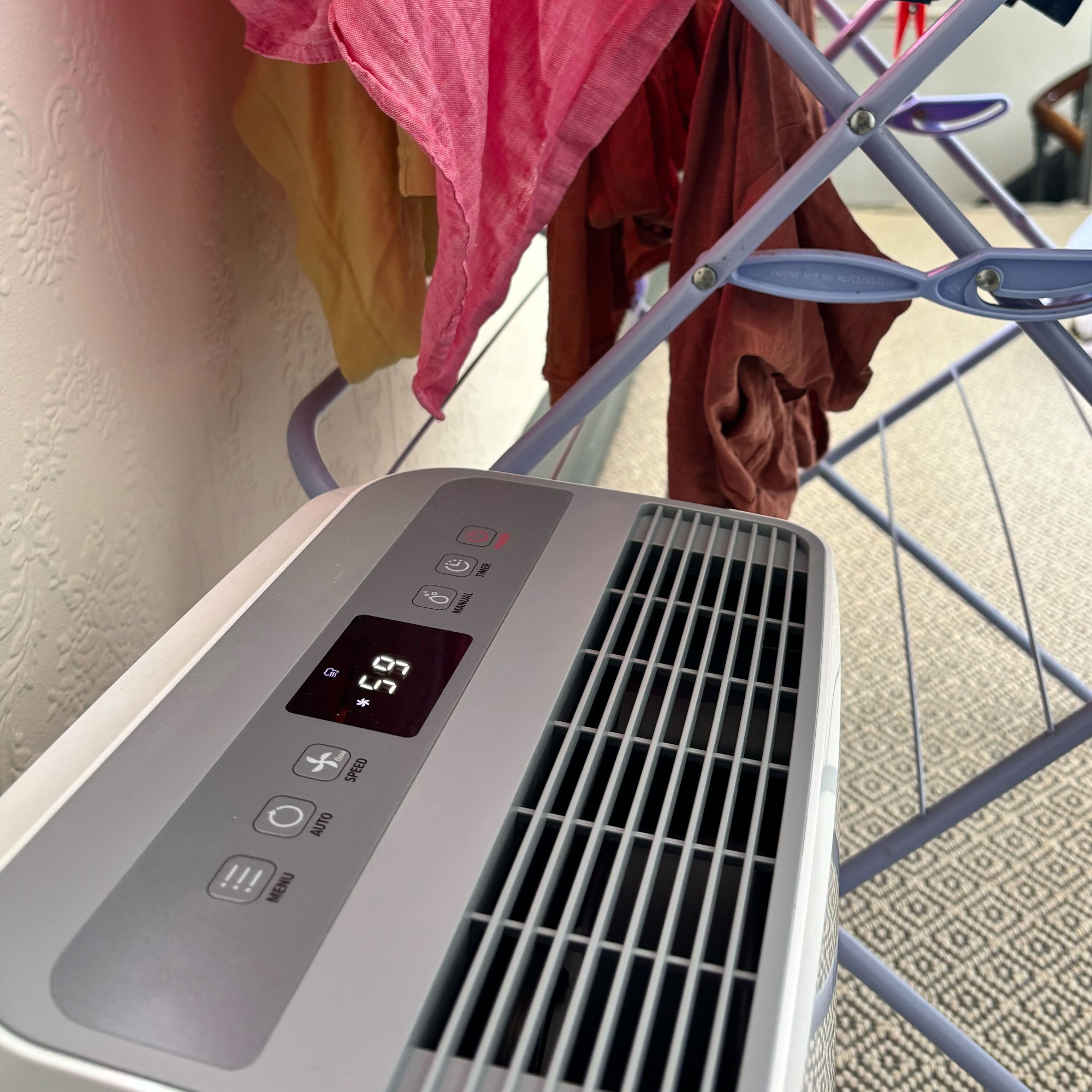 dryzone dehumidifier and air purifier in laundry mode drying laundry