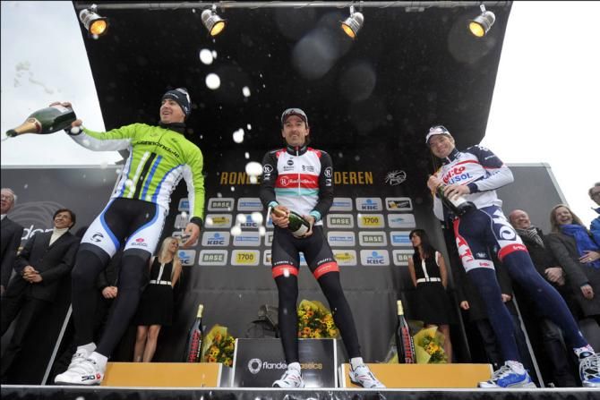 2013 Tour of Flanders podium (L-R): Peter Sagan, 2nd; Fabian Cancellara, 1st; Jurgen Roelandts, 3rd