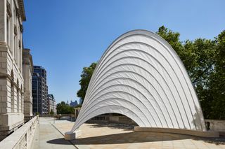 White sail-like pavilion by Ini Archibong installed at Somerset House for London Design Biennale