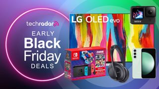 LG OLED TV, Nintendo Switch, Bose 700 headphones, GoPro 10 and Samsung S23 FE next to TechRadar early Black Friday deals logo
