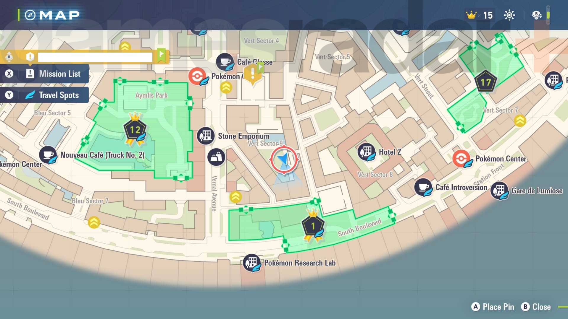 Pokemon Legends: Z-A map screenshot shows the location of Eevee in Vert Sector 9.