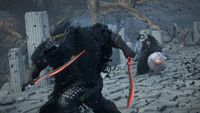 A fantasy battle scene shows two armored warriors on a stone path. The foreground figure wields glowing red scimitars; the background one holds a shield.