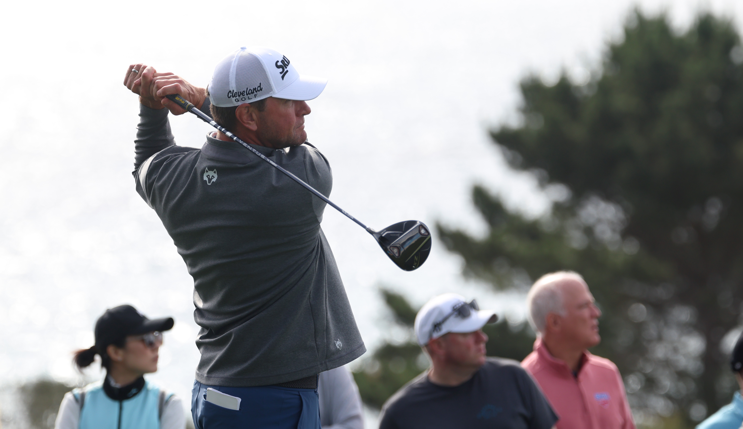 Lucas Glover hits a tee shot with a driver