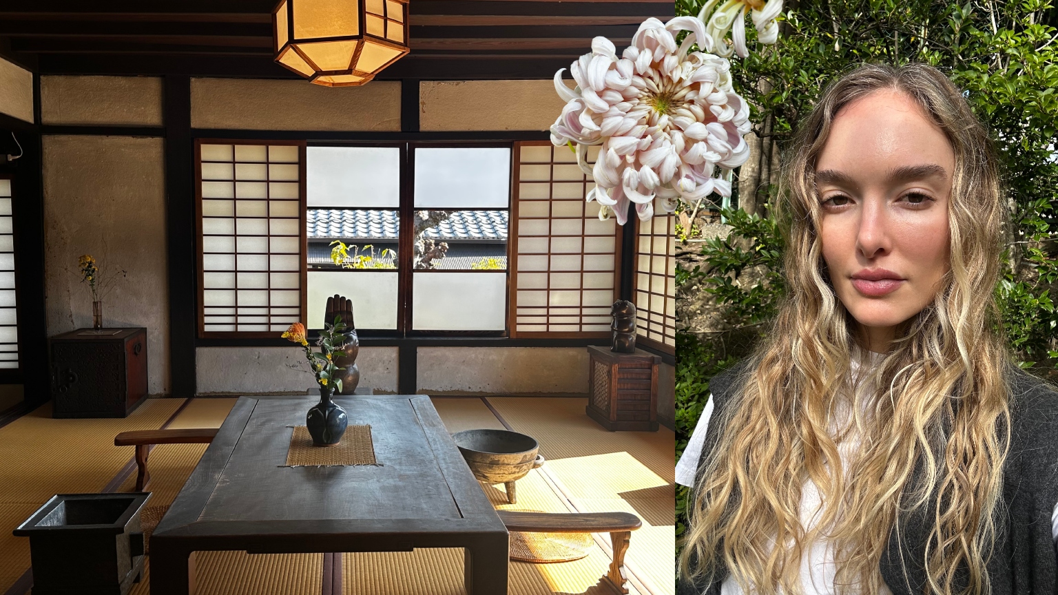 a japanese apartment with wooden furniture with a photo of a white woman with long blonde hair