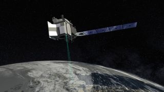 An artist's interpretation of the ICESat-2 satellite fring the lasers towards Earth's surface.
