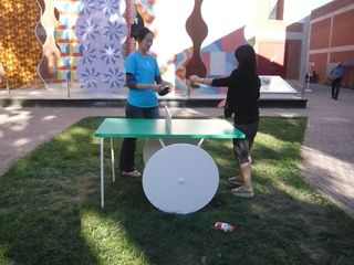 Table tennis table on grass, with a green top and large solid white wheels