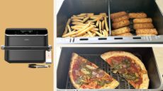 Cosori Dual Blaze TwinFry Air Fryer on an orange background with images of it being used as a single zone and dual zone air fryer