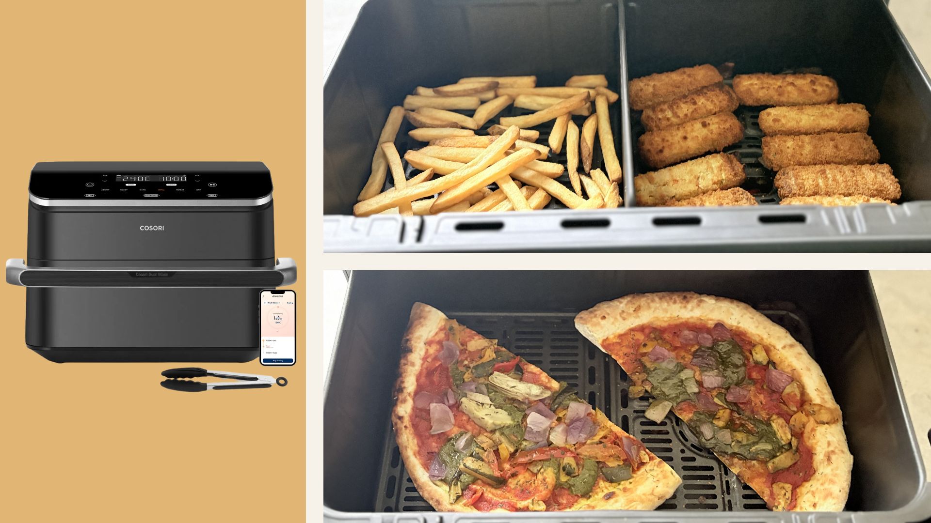 Cosori Dual Blaze TwinFry Air Fryer on an orange background with images of it being used as a single zone and dual zone air fryer