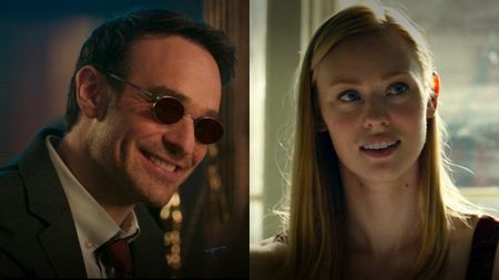 Charlie Cox as Matt Murdock on She-Hulk (left) Deborah Ann Woll as Karen Page in Daredevil.