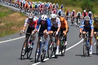 OURENSE SPAIN AUGUST 29 LR Jesus Herrada of Spain and Team Cofidis Stefan Kung of Switzerland and Team GroupamaFDJ and Jay Vine of Australia and UAE Team Emirates compete during the La Vuelta 79th Tour of Spain 2024 Day 12 a 1375km stage from Ourense Termal to Estacion de Montana de Manzaneda 1491m UCIWT on August 29 2024 in Ourense Spain Photo by Tim de WaeleGetty Images