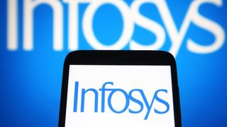 The Infosys logo on a smartphone, with the logo on a wall in the background too