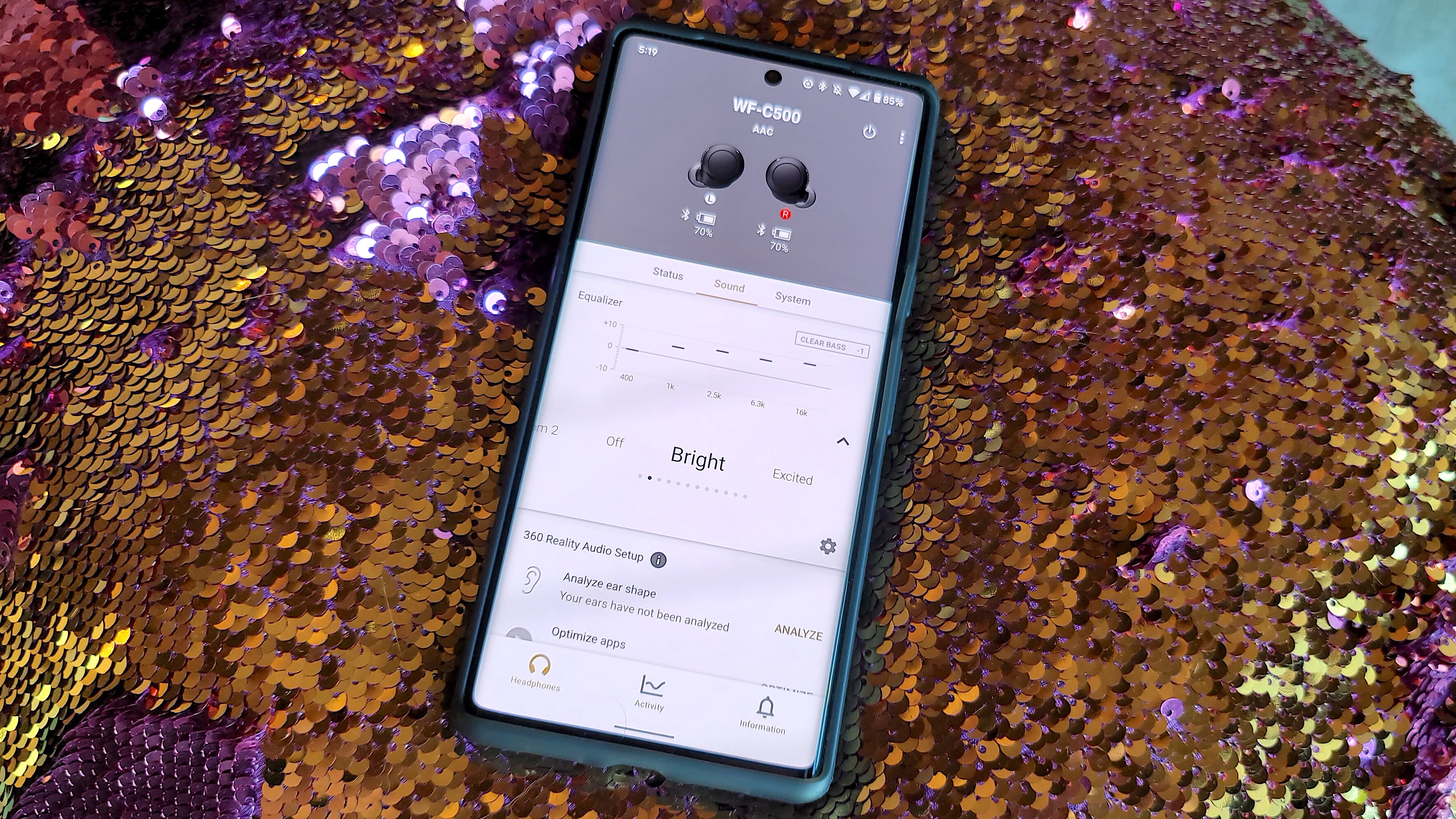 The WF-C500 paired to the Sony Headphones Connect app