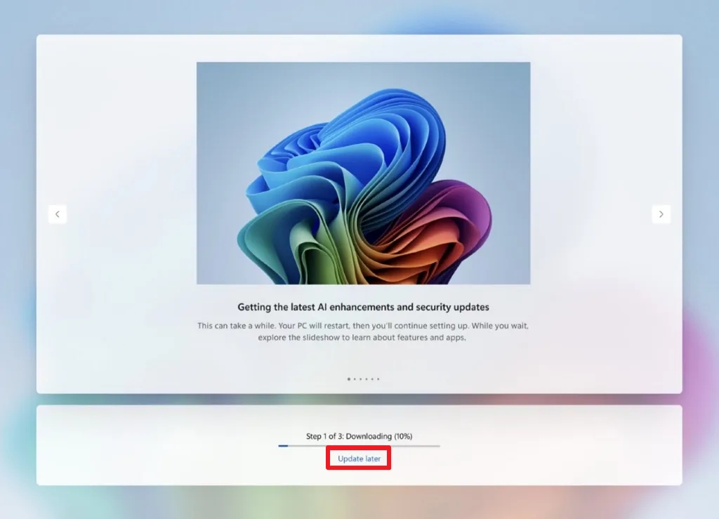 Windows update screen with a colorful 3D swirl logo and text about AI and security updates. Progress bar at 10% and "Update later" button highlighted.