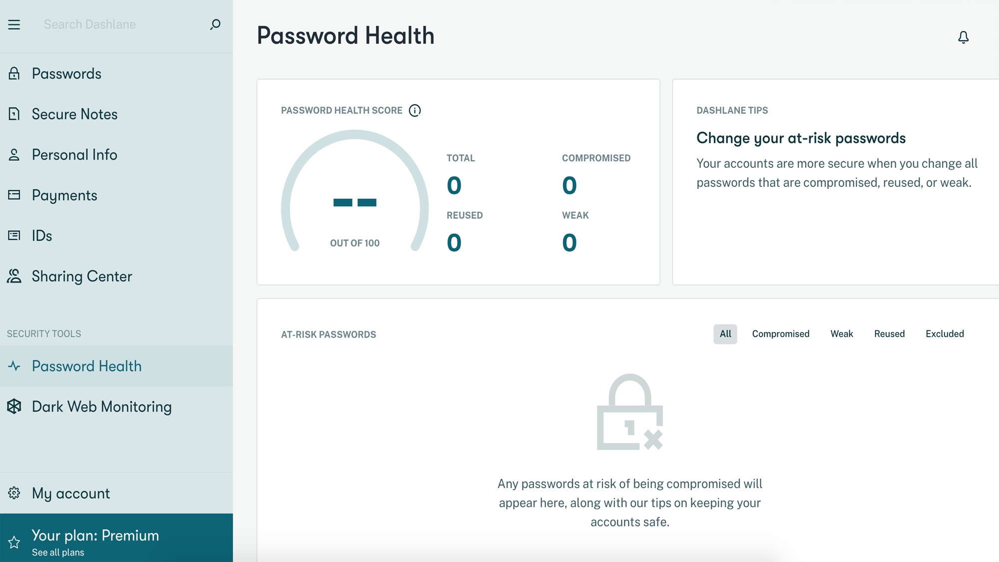 Dashlane password manager main menu