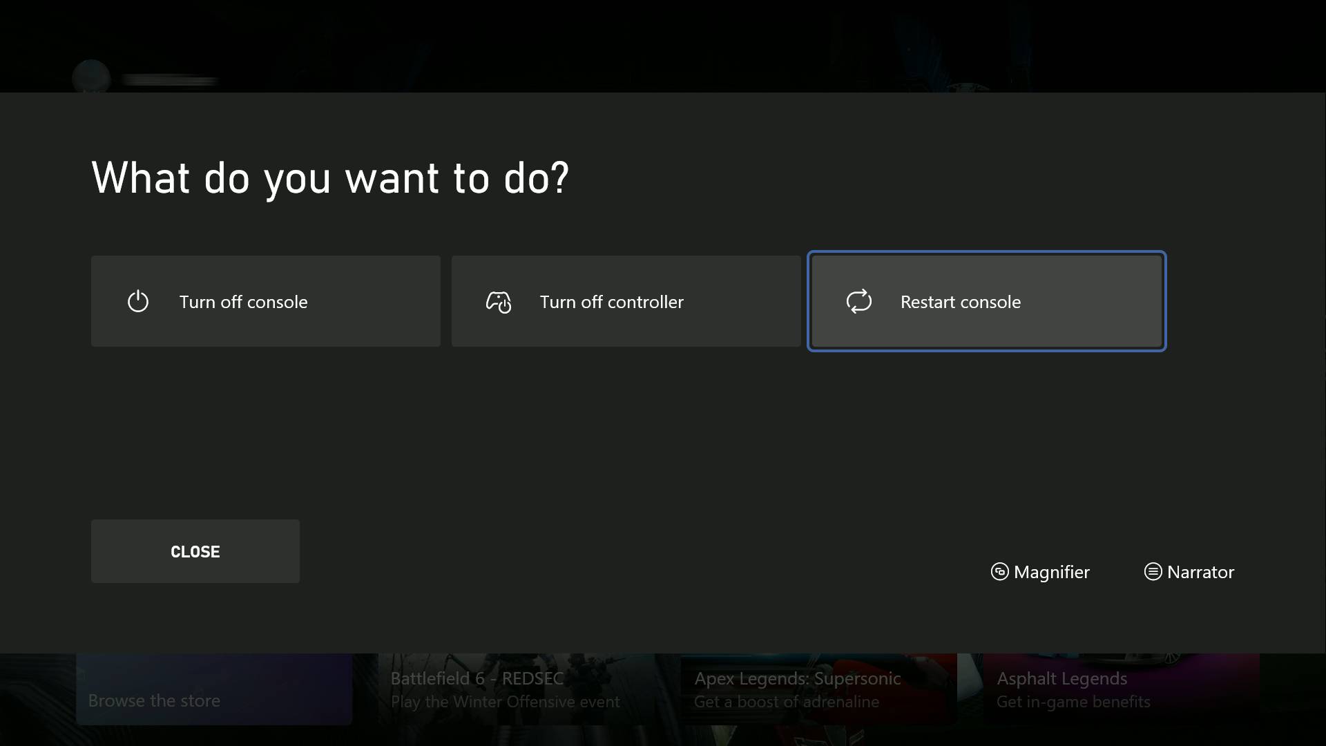 Xbox Series X guide restart console button