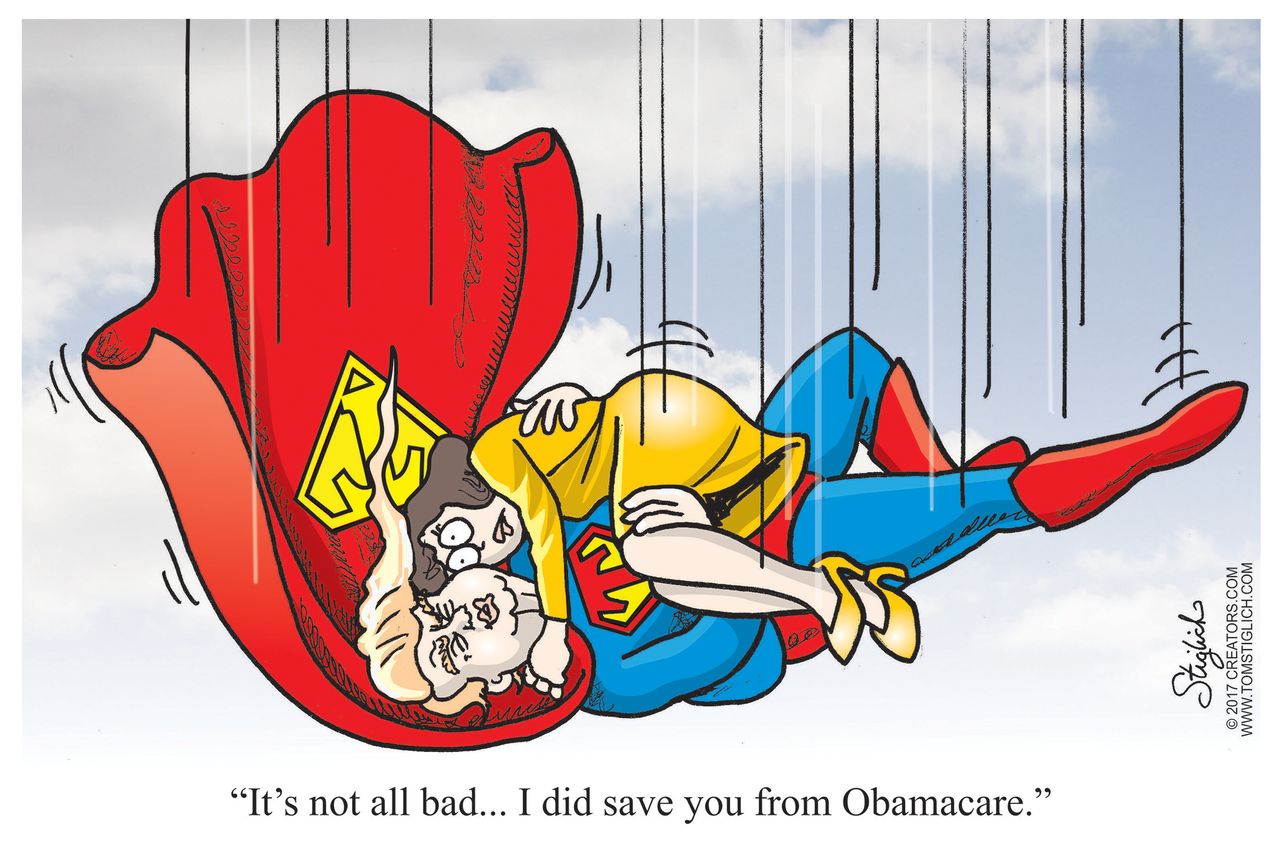 Political Cartoon U.S. President Trump Superman save from Obamacare