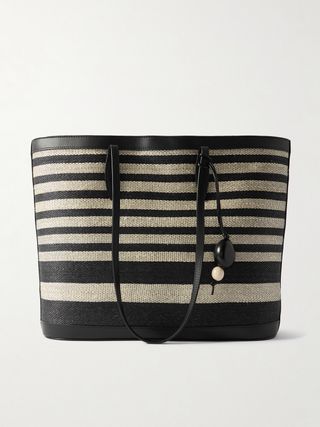 Striped Leather-Trimmed Woven Fique Tote