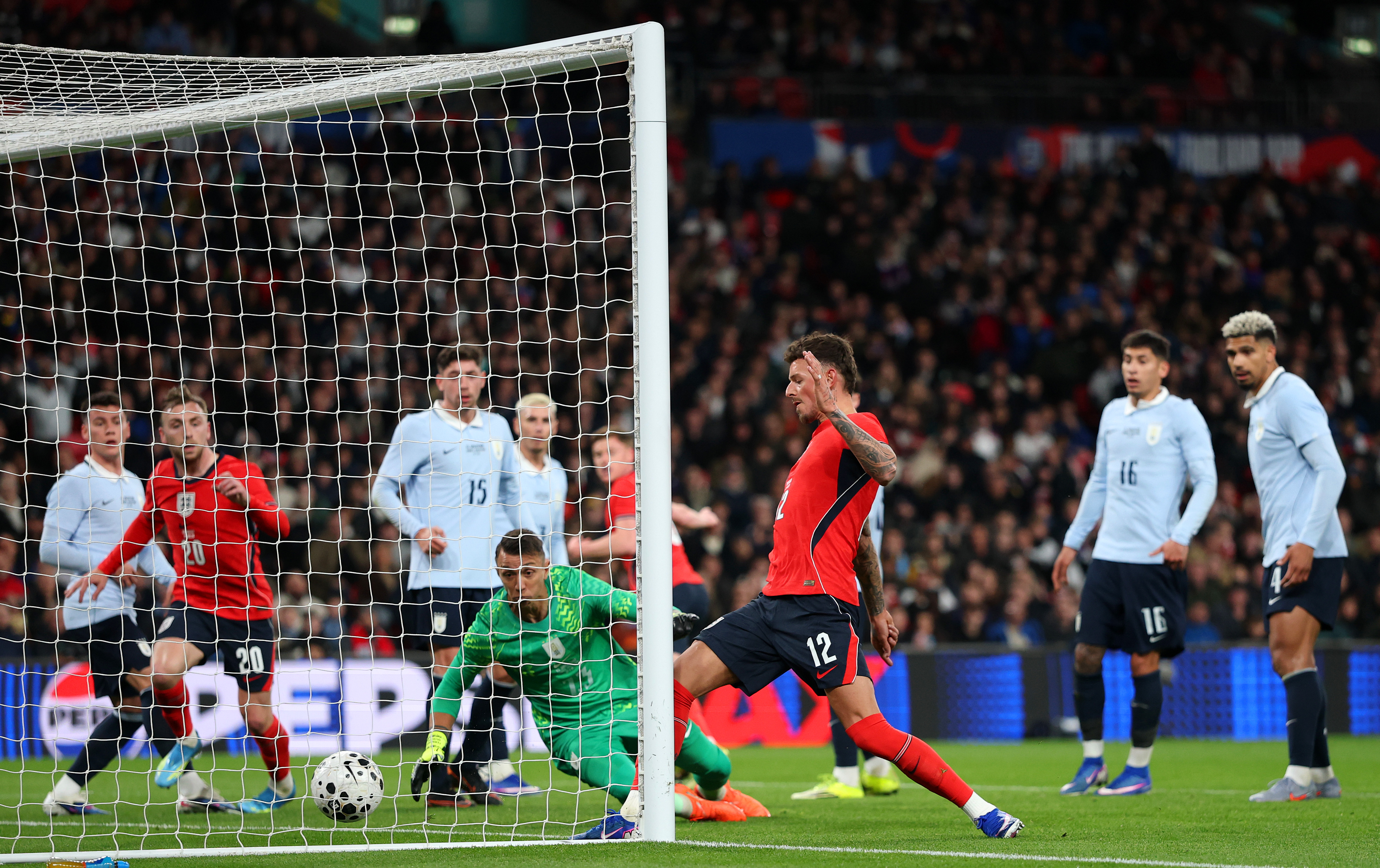 LONDON, ENGLAND - MARCH 27: Ben White of England scores his team&amp;amp;apos;s first goal during the international friendly match between England and Uruguay at Wembley Stadium on March 27, 2026 in London, England. (Photo by Michael Regan - The FA/The FA via Getty Images)