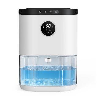 A white dehumidifier with a tank filled with water