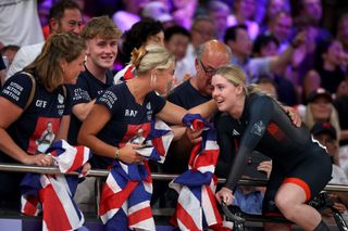 PARIS FRANCE AUGUST 11 Bronze medalist Emma Finucane of Team Great Britain celebrates with family after the Womens Sprint Finals Race 2 on day sixteen of the Olympic Games Paris 2024 at SaintQuentinenYvelines Velodrome on August 11 2024 in Paris France Photo by Jared C TiltonGetty Images