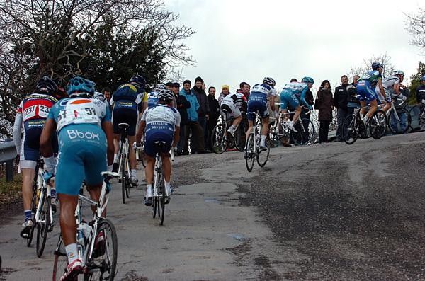 The peloton broke up as it hit the mountains.