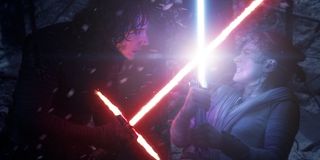 Kylo Ren and Rey lightsaber fighting in The Force Awakens