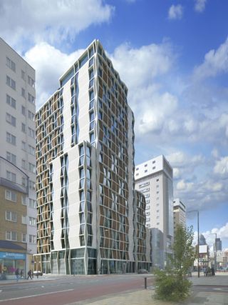 Also due to be finished in 2015 is Buckley Gray Yeoman's 19-floor apartment block at 60 Commercial Road in east London. Designed specifically as student accomodation, each of the 417 units will have a self-contained kitchen and bathroom © Miller Hare