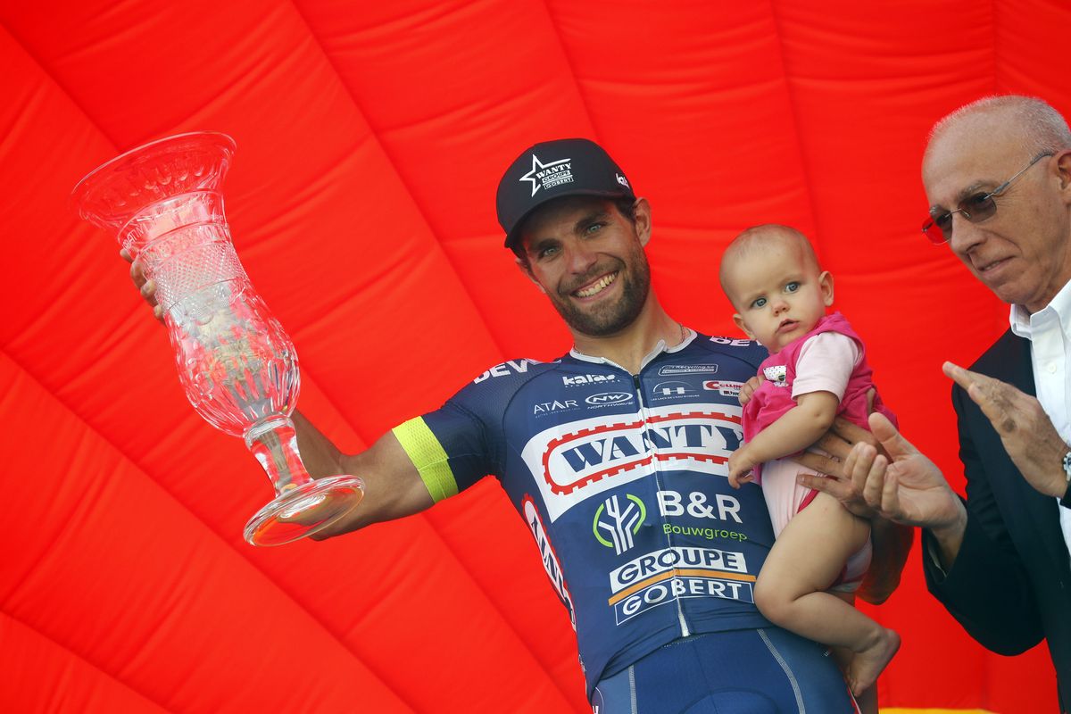 Andrea Pasqualon (Wanty-Groupe Gobert) on the Coppa Sabatini podium.