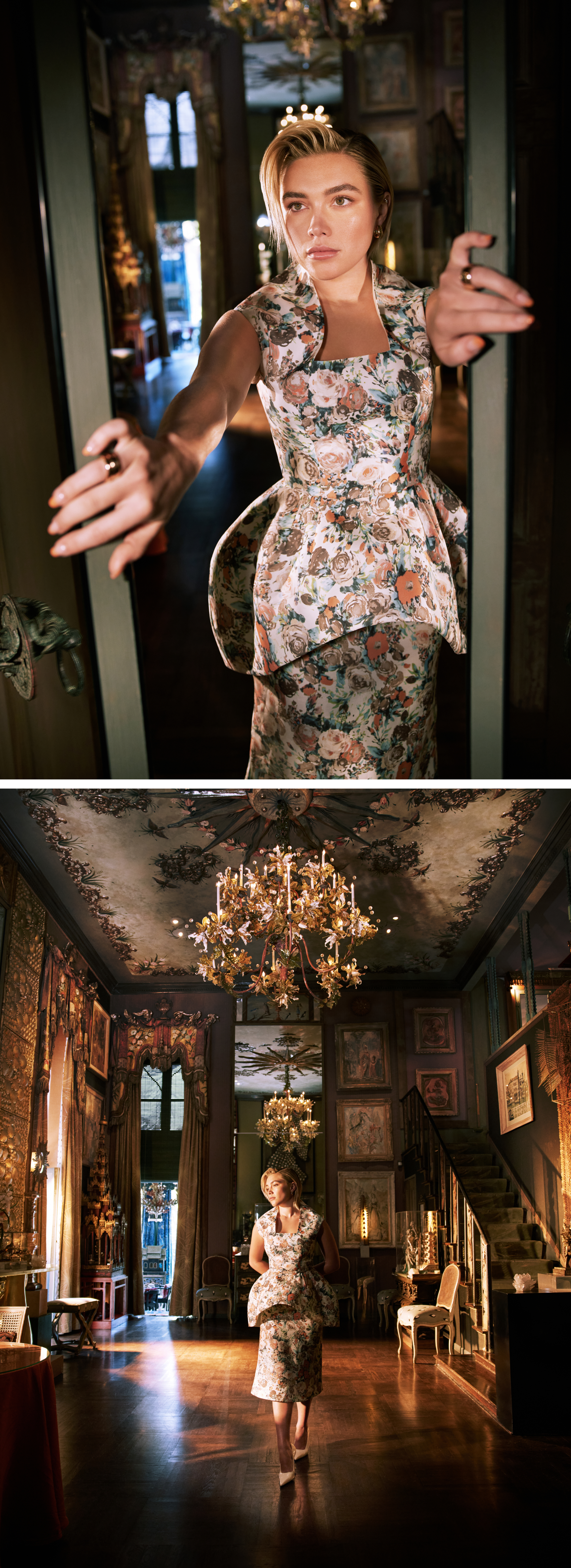 Top image: Florence Pugh walking through a doorway wearing a floral print sleeveless dress with peplum detailing. Bottom image: Wide shot of Florence Pugh standing in the great room of the Tony Duquette house wearing a floral print strapless dress with peplum detailing.