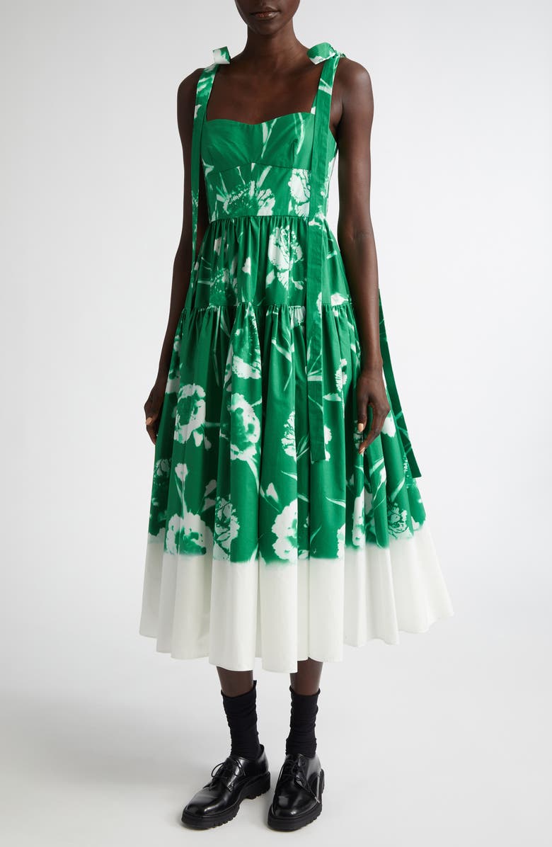 Floral Print Cotton Poplin Fit 
Flare Midi Dress