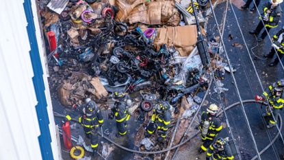 A storage unit containing at least one hundred E-Bikes at a Stop & Stor Self Storage Facility caught fire and sparked a three alarm blaze at 534 63rd Street in Brooklyn on Sunday October 22, 2023. 1258. (Photo by Theodore Parisienne for NY Daily News via Getty Images)