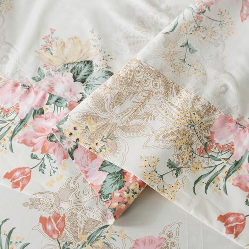 Zusbest- Queen Sheets, Soft 100% Cotton Pink & Cream Floral Bed Sheets,shabby Vintage Chic Peony Flower Printed Sheets, Breathable Luxury Bedding 4 Piece Deep Pocket Sheets