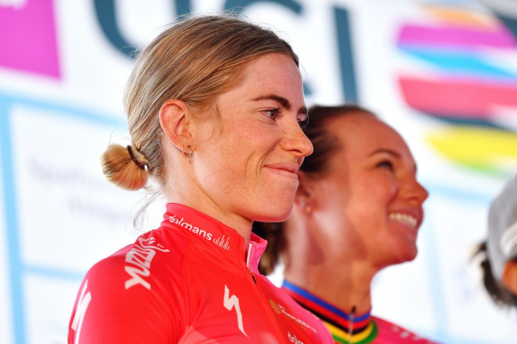 VARGARDA SWEDEN AUGUST 06 Demi Vollering of Netherlands and Team SD Worx celebrates winning the second place on the podium ceremony after 15th Postnord Vrgrda WestSweden TTT a 356km team time trial from Vargarda to Vargarda UCIWWT VargardaCycling on August 06 2022 in Vargarda Sweden Photo by Luc ClaessenGetty Images