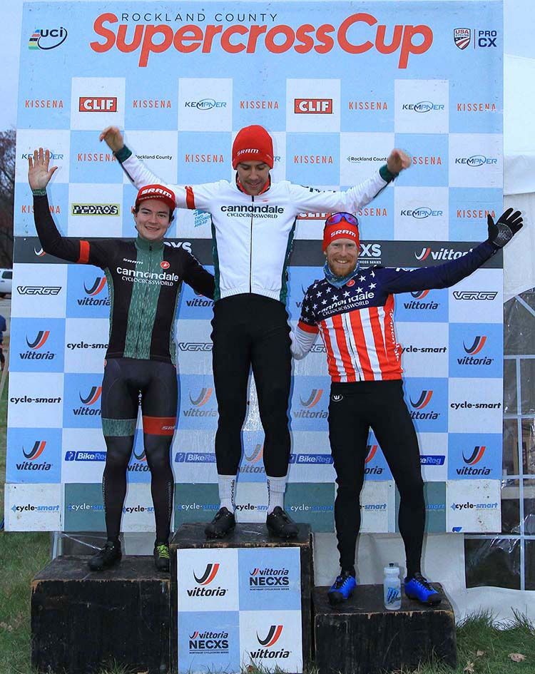 An all Cannondale p/b Cyclocrossworld podium for day 2 of the 2019 Supercross Cup: Second-placed Lane Maher, winner Curtis White and third-placed Stephen Hyde