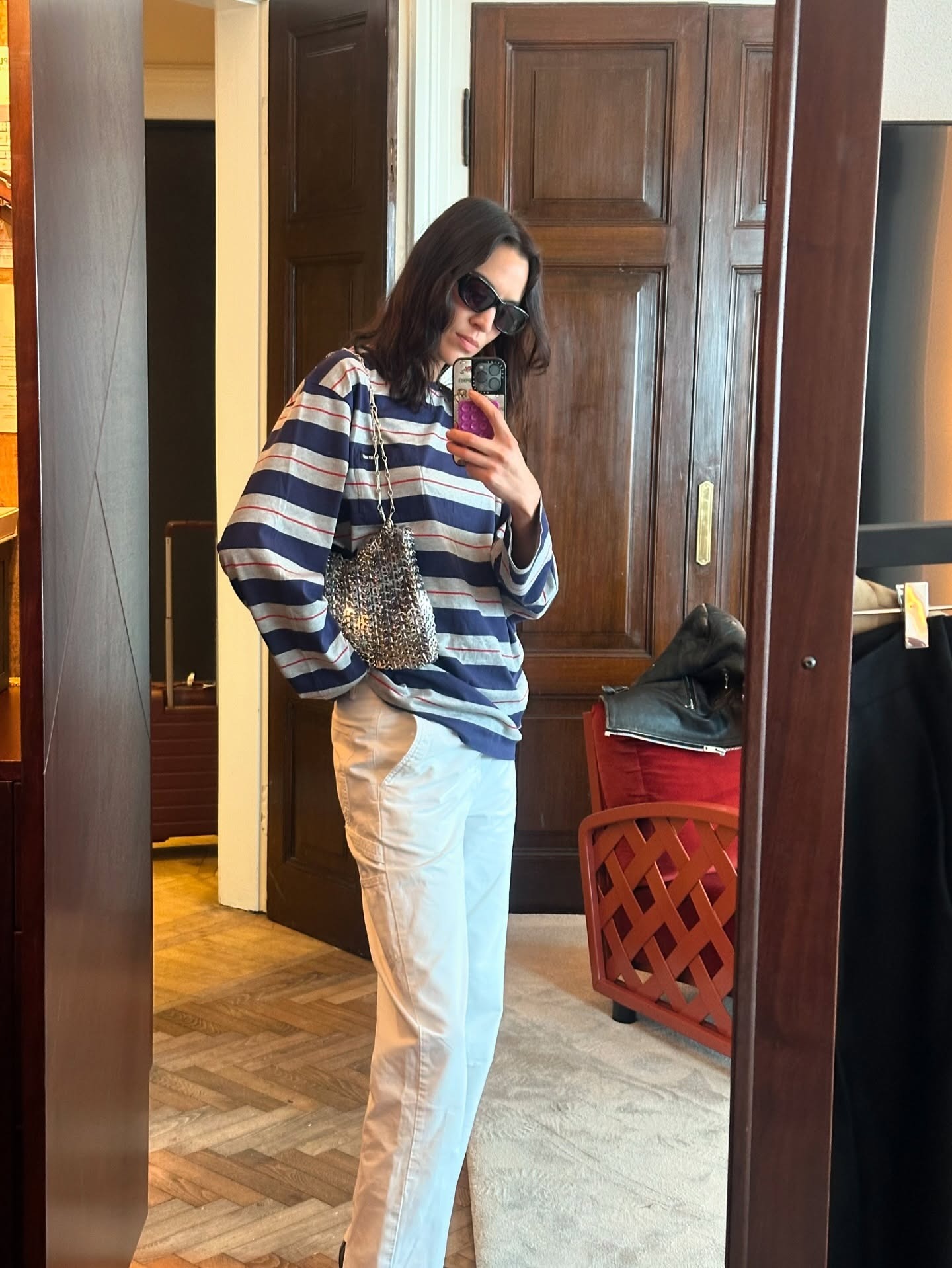 Alexa Chung in striped top and white jeans