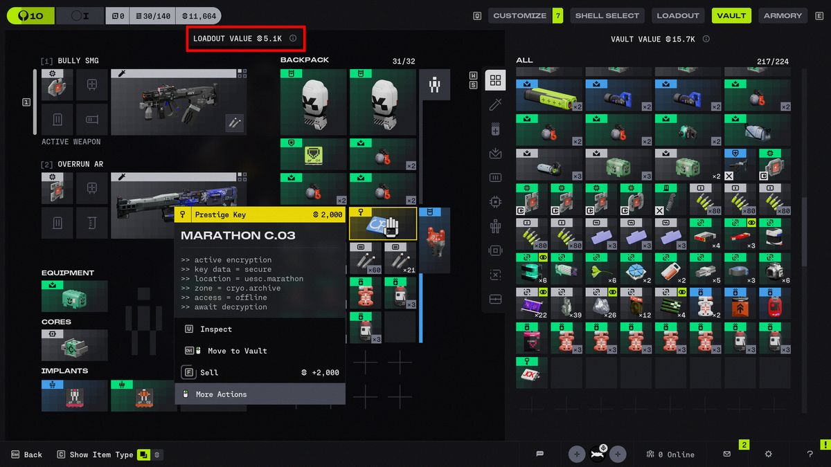 Marathon Ranked: A player's inventory in the vault screen, with a red rectangle drawing attention to the loadout value at the top.