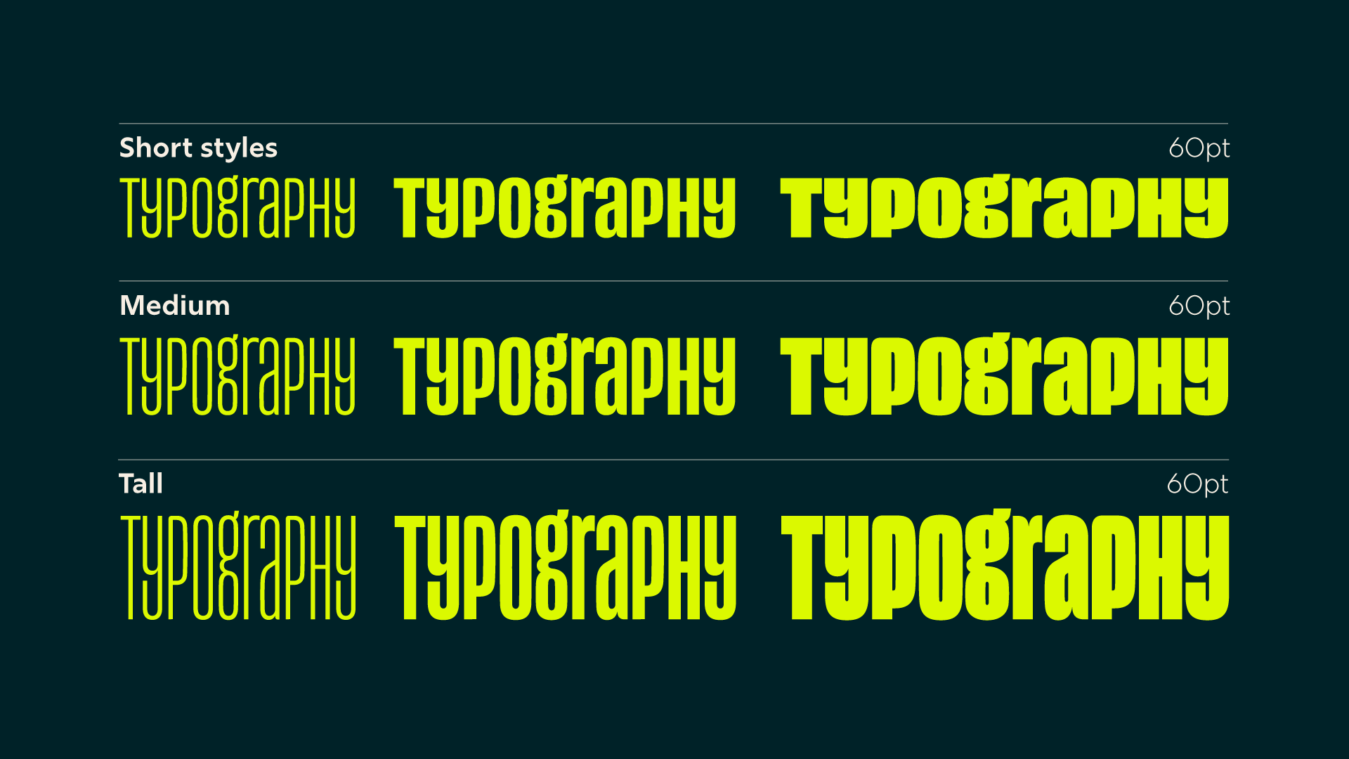 A dark teal typographical spec sheet showcasing the word "TYPOgRaPHy" rendered in lime green across three different height variants labeled Short styles, Medium, and Tall, with each row demonstrating three distinct font weights.