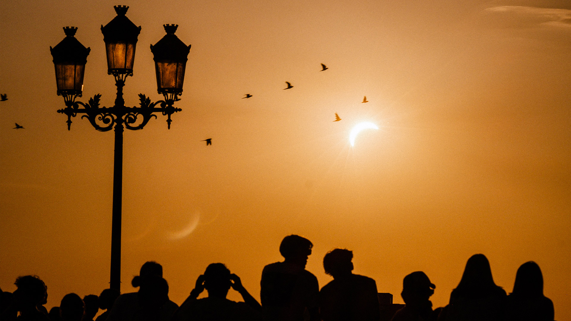 Silhouettes of people and birds looking at the solar eclipse in Toulouse, in southwestern France,.