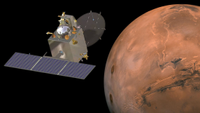 An illustration of the Mars Orbiter Mission in orbit around Mars.
