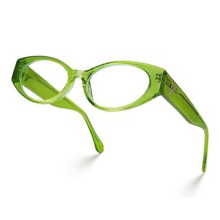 green oval framed eyeglasses
