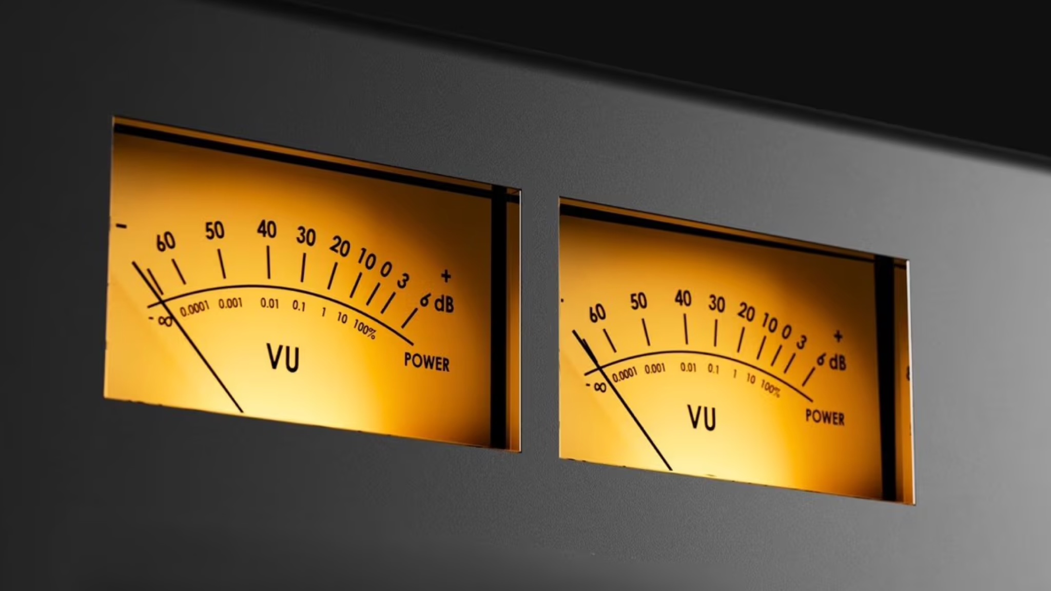 A product shot of the We Are Rewind GB-001 boom box. It's a close-up of the two yellow VU meters that show how loud the music is.