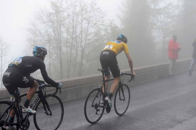 Chris Froome leads Richie Porte towards the summit of Risoul