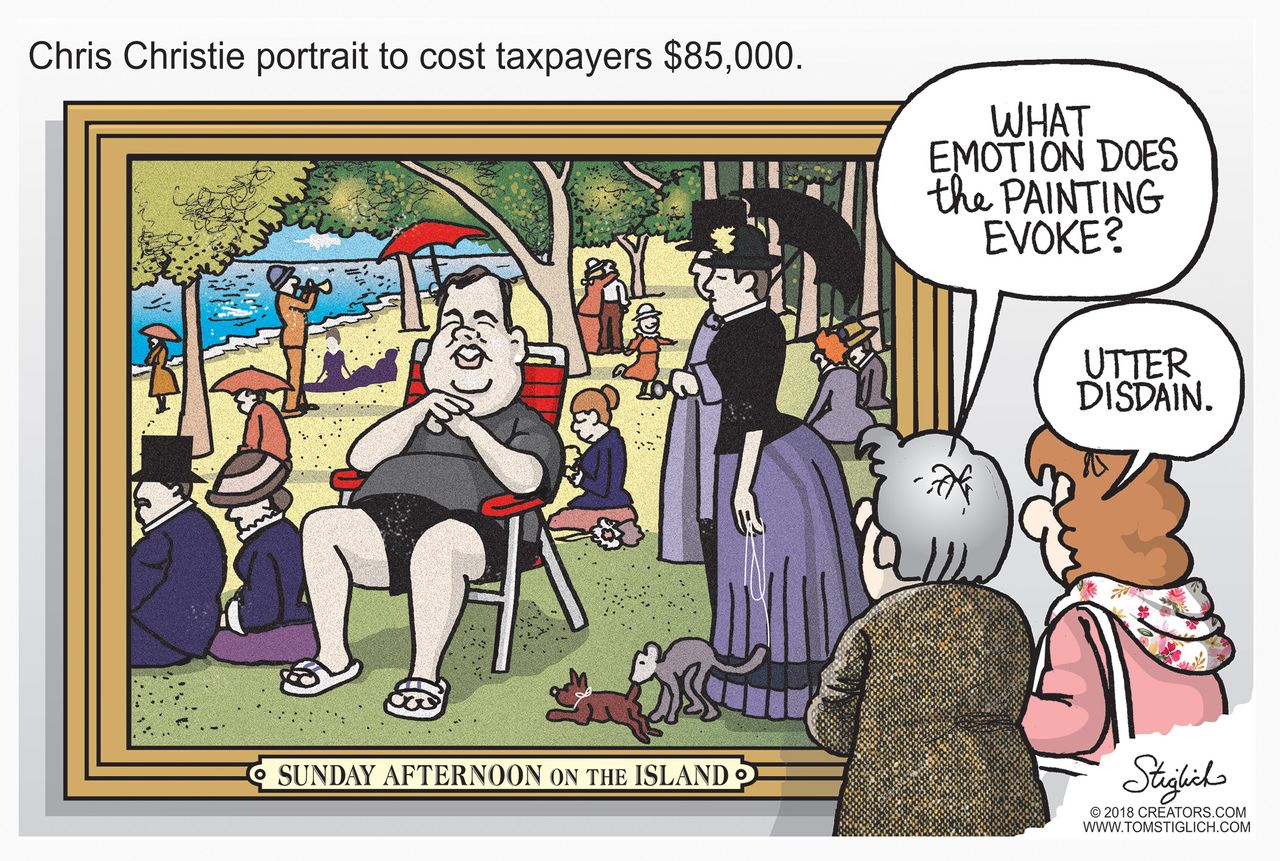 Political cartoon U.S. Chris Christie portrait beach controversy Sunday Afternoon in the Park