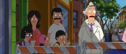 Bob, Linda, Tina, Gene and Louise with Mr Fischoeder in The Bob's Burgers Movie