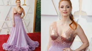 Jessica Chastain in rose gold and lavender gucci dress on the Oscars 2022 red carpet