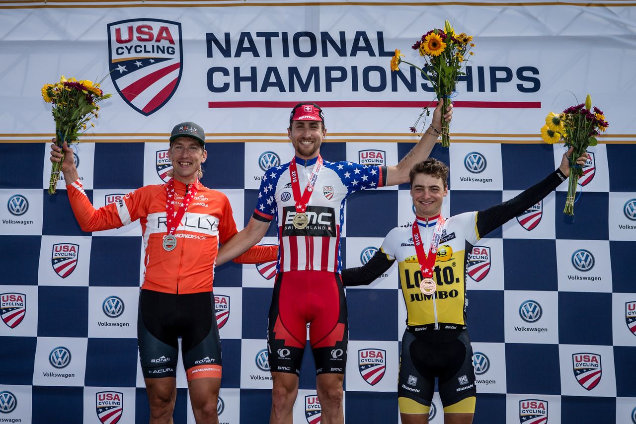 2016 US pro time trial championship podium: Tom Zirbel (2nd), Taylor Phinney (1st), Alexey Vermeulen (3rd)
