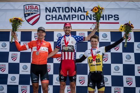 2016 US pro time trial championship podium: Tom Zirbel (2nd), Taylor Phinney (1st), Alexey Vermeulen (3rd)